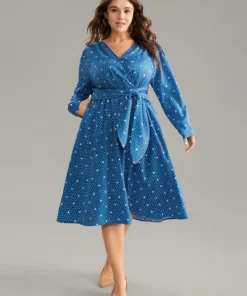 Polka Dot Pocket Elastic Waist Ties Dress