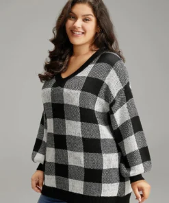 V Neck Plaid Elastic Cuffs Pullover -Clothing Shop 729108813 yh