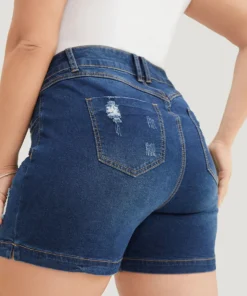 Moderately Stretchy High Rise Dark Wash Distressed Denim Shorts -Clothing Shop 729384425 ls