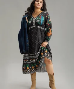 Bandana Print Lantern Sleeve Ruffle Hem Dress