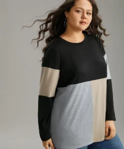 Colorblock Contrast Patchwork Round Neck T-shirt -Clothing Shop 731211080 ps