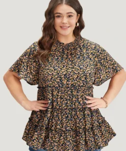 Ditsy Floral Frill Trim Shirred Mock Neck Blouse -Clothing Shop 731246079 fr