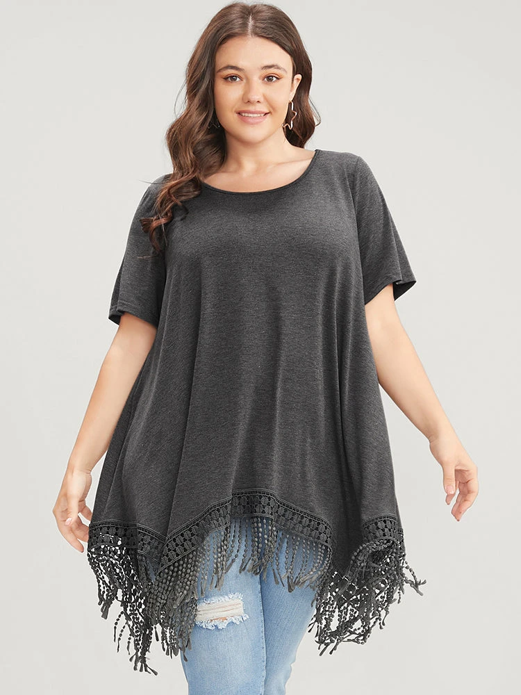 Solid Round Neck Lace Fringe Hem T-shirt 3 Solid Round Neck Lace Fringe Hem T-shirt
