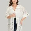 Plain Shirt Collar Broderie Anglaise Open Front Kimono -Clothing Shop 731628366 xu