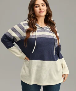Waffle Knit Striped Colorblock Hooded Sweatshirt