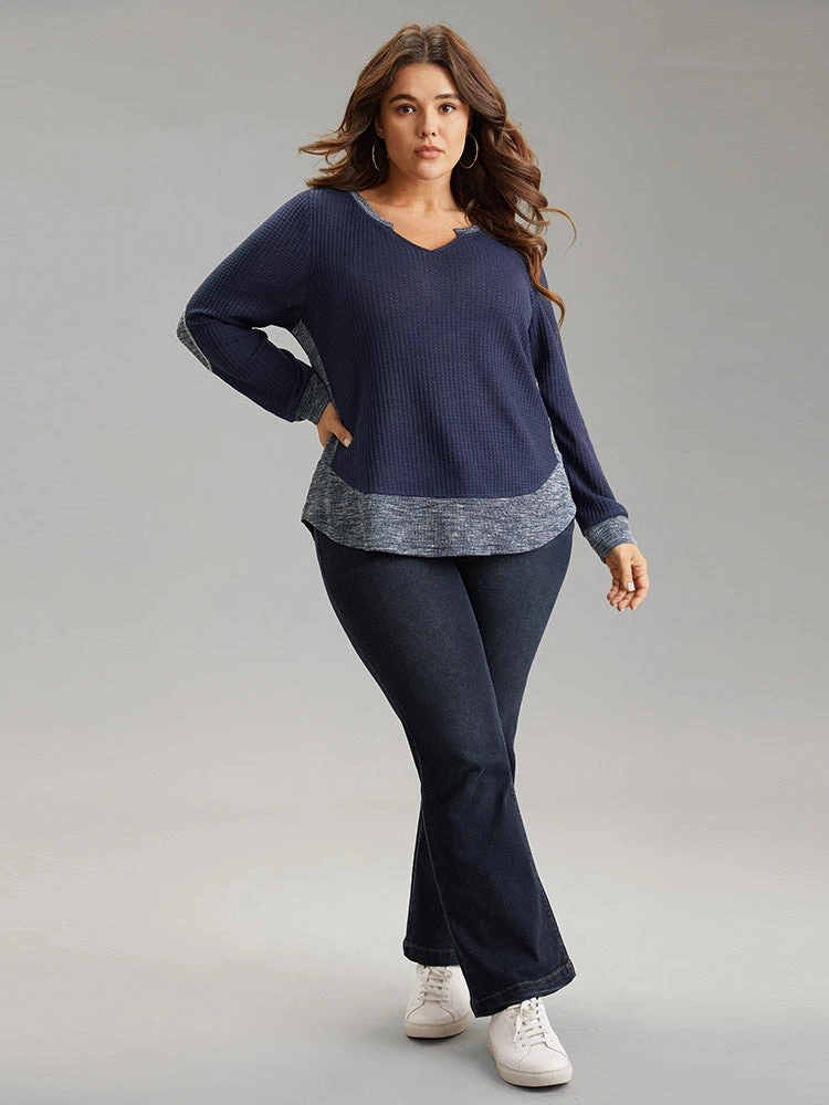 Waffle Knit Two Tone Notched Patchwork T-shirt 6 Waffle Knit Two Tone Notched Patchwork T-shirt - Image 4