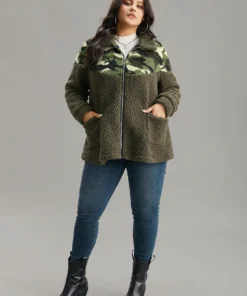 Camo Patchwork Zipper Pocket Teddy Jacket -Clothing Shop 732698073 po