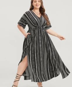 Solid Geometric Dolman Sleeve Pocket Shirred Split Hem Dress