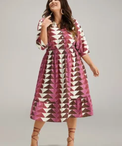 Geometric Shirred Button Up Ruffle Hem Dress