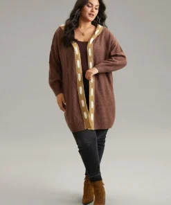 Contrast Hooded Tunic Open Front Cardigan -Clothing Shop 73362294 qp