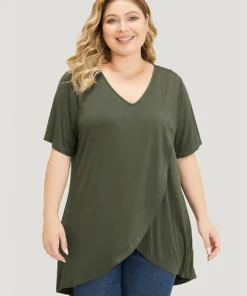 Plain V Neck Wrap High Low Hem T-shirt -Clothing Shop 734386409 qn f7e1dba2 64bf 44e7 ba73 677ed5b80b60