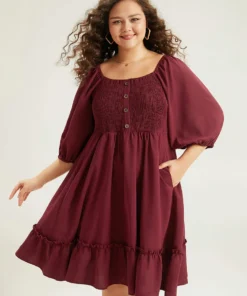 Shirred Pocket Button Detail Frill Trim Dress