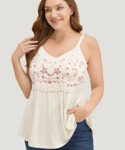 Floral Embroidered Ruffle Hem Cami Top
