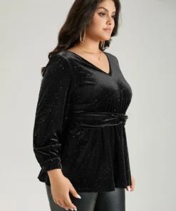 Glitter Sequin Velvet Twist Front V Neck Blouse 27 Glitter Sequin Velvet Twist Front V Neck Blouse -Clothing Shop 735094637 fp