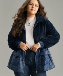 Fuzzy Patchwork Zipper Drawstring Coat -Clothing Shop 735130973 lf