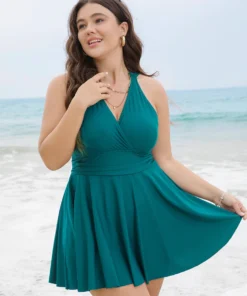 Solid Ruffle Hem Empire Waist Halter Neck Swim Dress -Clothing Shop 735135249 no 3905565a cbcf 4030 be0b 5308377c6b7f