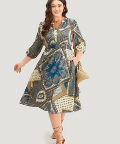 Bandana Print Notched Lantern Sleeve Dress -Clothing Shop 735420196 zz