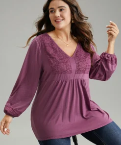 Lace Patchwork Gathered Lantern Sleeve T-shirt -Clothing Shop 735793706 do