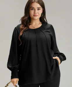 Anti-Wrinkle Solid Pleated Puff Sleeve Button Up Blouse -Clothing Shop 736013158 ft