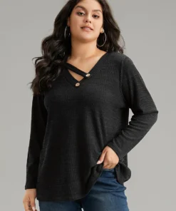 Solid Rib Knit Button Detail T-shirt -Clothing Shop 736240532 ab