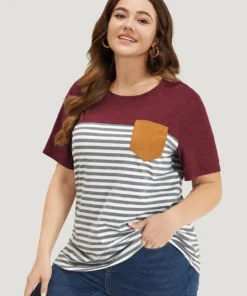 Striped Patchwork Round Neck Patched Pocket T-shirt 39 Striped Patchwork Round Neck Patched Pocket T-shirt -Clothing Shop 736789501 xb ac4c8847 7d76 486e b402 bad0e2b7eda8