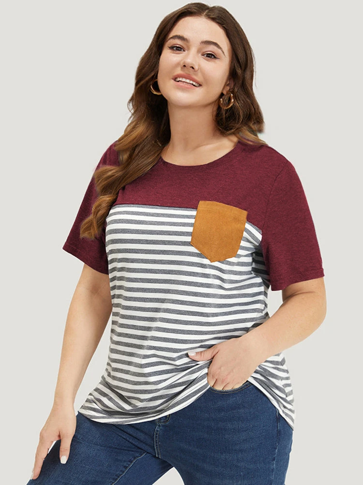 Striped Patchwork Round Neck Patched Pocket T-shirt 20 Striped Patchwork Round Neck Patched Pocket T-shirt - Image 18