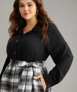 Plaid Patchwork Button Through Belted Dress -Clothing Shop 737127462 ob