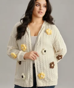 Contrast Floral Detail Textured Zipper Fly Sweatshirt -Clothing Shop 737206518 cf