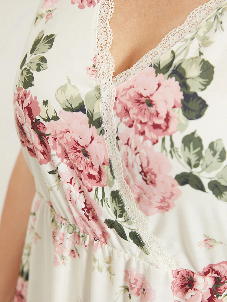 Floral Print Pocket Lace Panel Overlap Collar Tank Sleep Dress 9 Floral Print Pocket Lace Panel Overlap Collar Tank Sleep Dress - Image 7