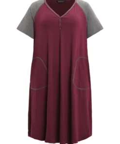 Contrast Patchwork Pocket Stitch Raglan Sleeve Night Dress -Clothing Shop 738446162 dt