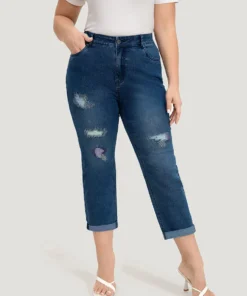 Ripped Embroidered Roll Hem Very Stretchy Jeans