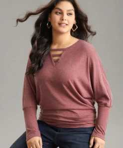 Solid Heather Keyhole Batwing Sleeve T-shirt -Clothing Shop 739292813 xn
