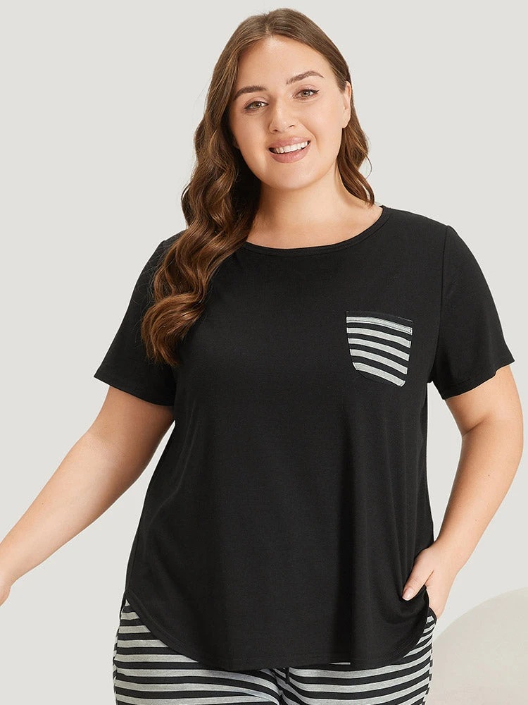 Striped Patchwork Patched Pocket Arc Hem Sleep Top 3 Striped Patchwork Patched Pocket Arc Hem Sleep Top