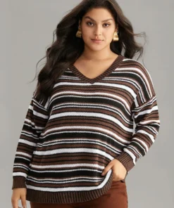Striped Contrast Crew Neck Drop Shoulder Pullover