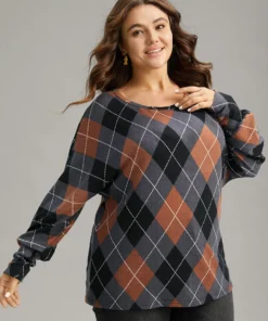 Plaid Contrast Round Neck Dolman Sleeve T-shirt -Clothing Shop 740515291 jg