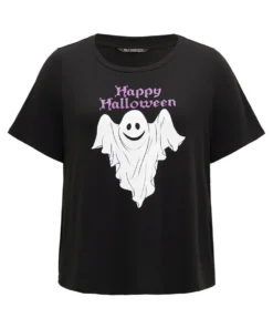 Halloween Ghost & Letter Print Crew Neck Sleep Top -Clothing Shop 740821708 ec