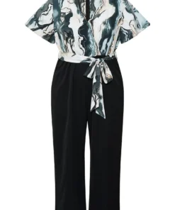 Marble Print Patchwork Wrap Ruffle Sleeve Belted Jumpsuit -Clothing Shop 740932513 vs