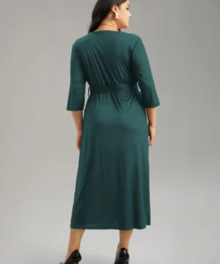 Square Neck Metal Detail Belted Gathered Dress -Clothing Shop 740999696 ft