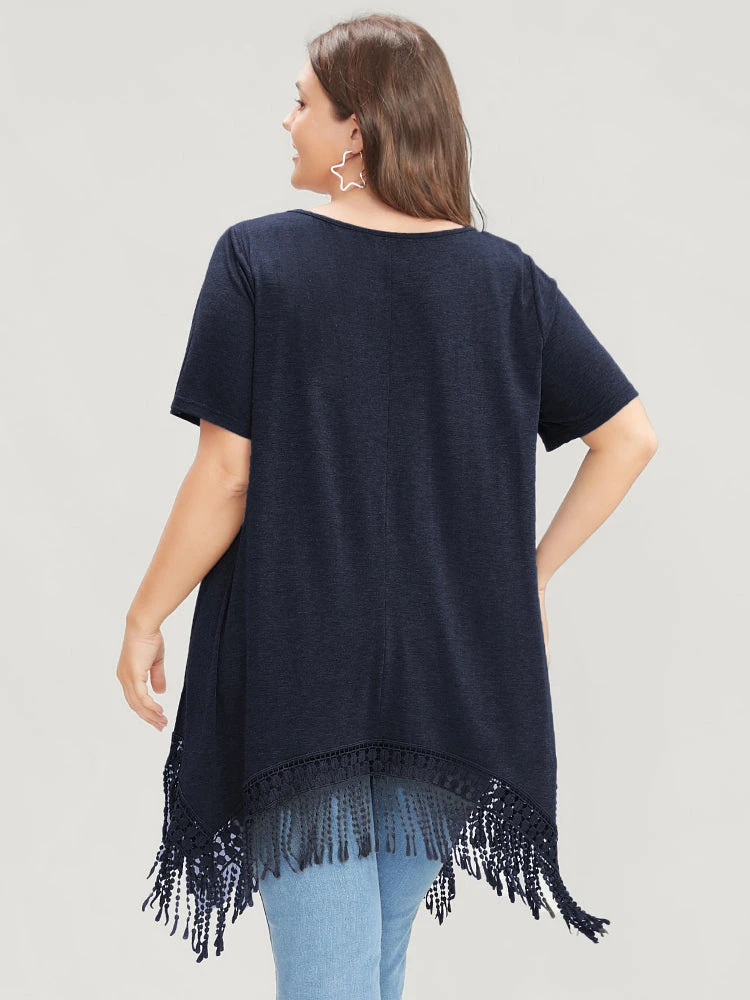 Solid Round Neck Lace Fringe Hem T-shirt 19 Solid Round Neck Lace Fringe Hem T-shirt - Image 17