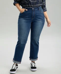 Straight Leg Zipper Roll Hem Dark Wash Jeans