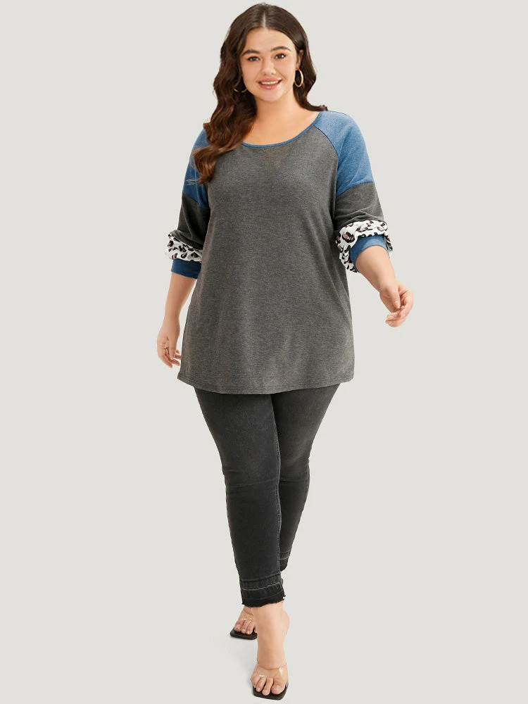 Colorblock Contrast Leopard Round Neck Raglan Sleeve Sweatshirt 7 Colorblock Contrast Leopard Round Neck Raglan Sleeve Sweatshirt - Image 5