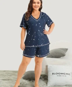 Star Print Stitch V Neck Sleep Top -Clothing Shop 742018351 mt