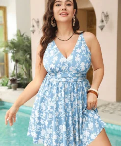 Floral Print V Neck Ruffle Hem Ruched Detail Swim Dress -Clothing Shop 742947278 mp