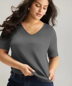 Cotton V Neck Plain Basic T-shirt -Clothing Shop 743262761 zv
