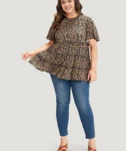 Ditsy Floral Frill Trim Shirred Mock Neck Blouse -Clothing Shop 744849759 mv