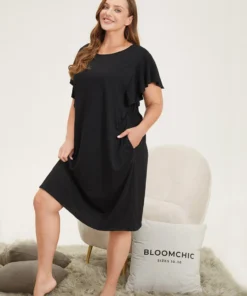 Solid Pocket Flutter Trim Sleep Dress