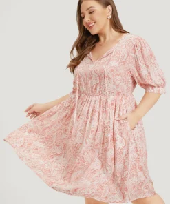 Floral Puff Sleeve Pocket Flutter Keyhole Knot Neck Dress -Clothing Shop 745743357 uv