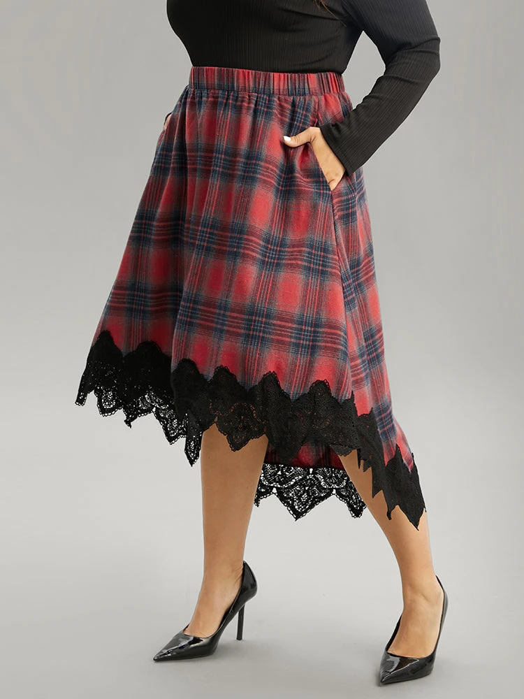 Plaid Lace Panel Pocket High Low Hem Skirt 5 Plaid Lace Panel Pocket High Low Hem Skirt - Image 3