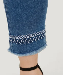 Very Stretchy Medium Wash Embroidered Raw Hem Jeans -Clothing Shop 746116294 yh