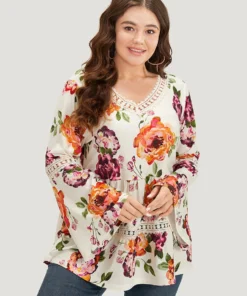 Floral Print Lace Panel Bell Sleeve T-shirt -Clothing Shop 7462075 bb 96b9b64c af33 4a10 bd09 c8f7446a8b53